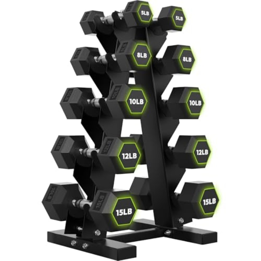 Hex Dumbbell Set - Gummibeschichtetes Hex-Hantelset mit A-Frame-Ständer 100 lb